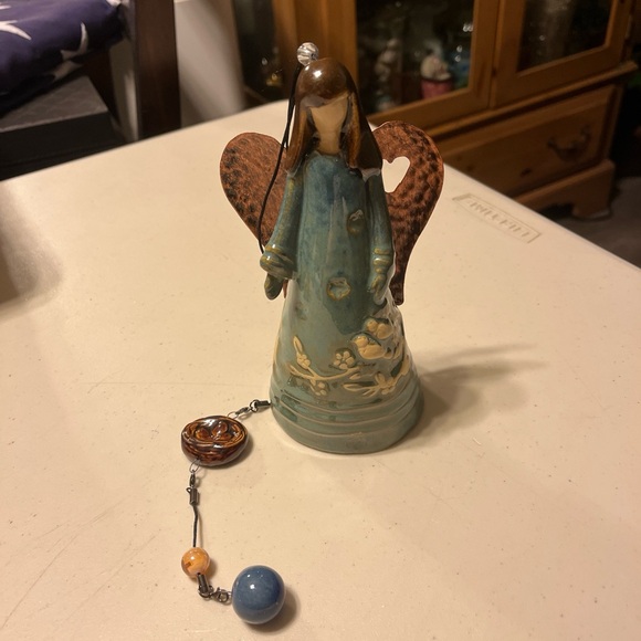 Blue angel bell garden wind chime /porcelain dress/white birds and copper wings - Picture 1 of 9